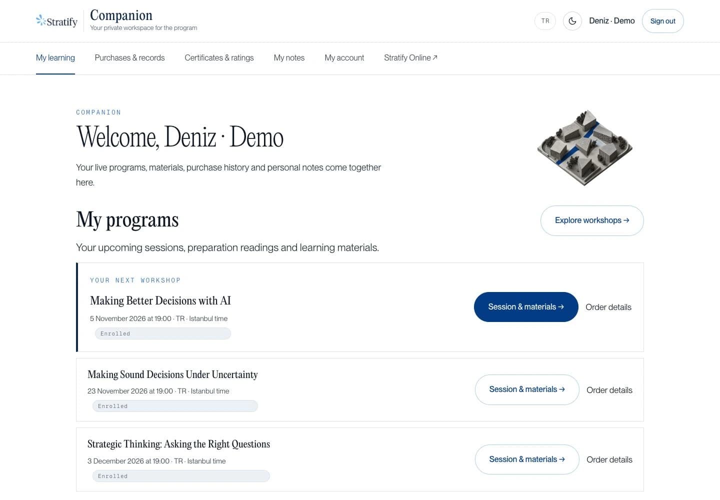 Companion dashboard with the next workshop, programs and account links