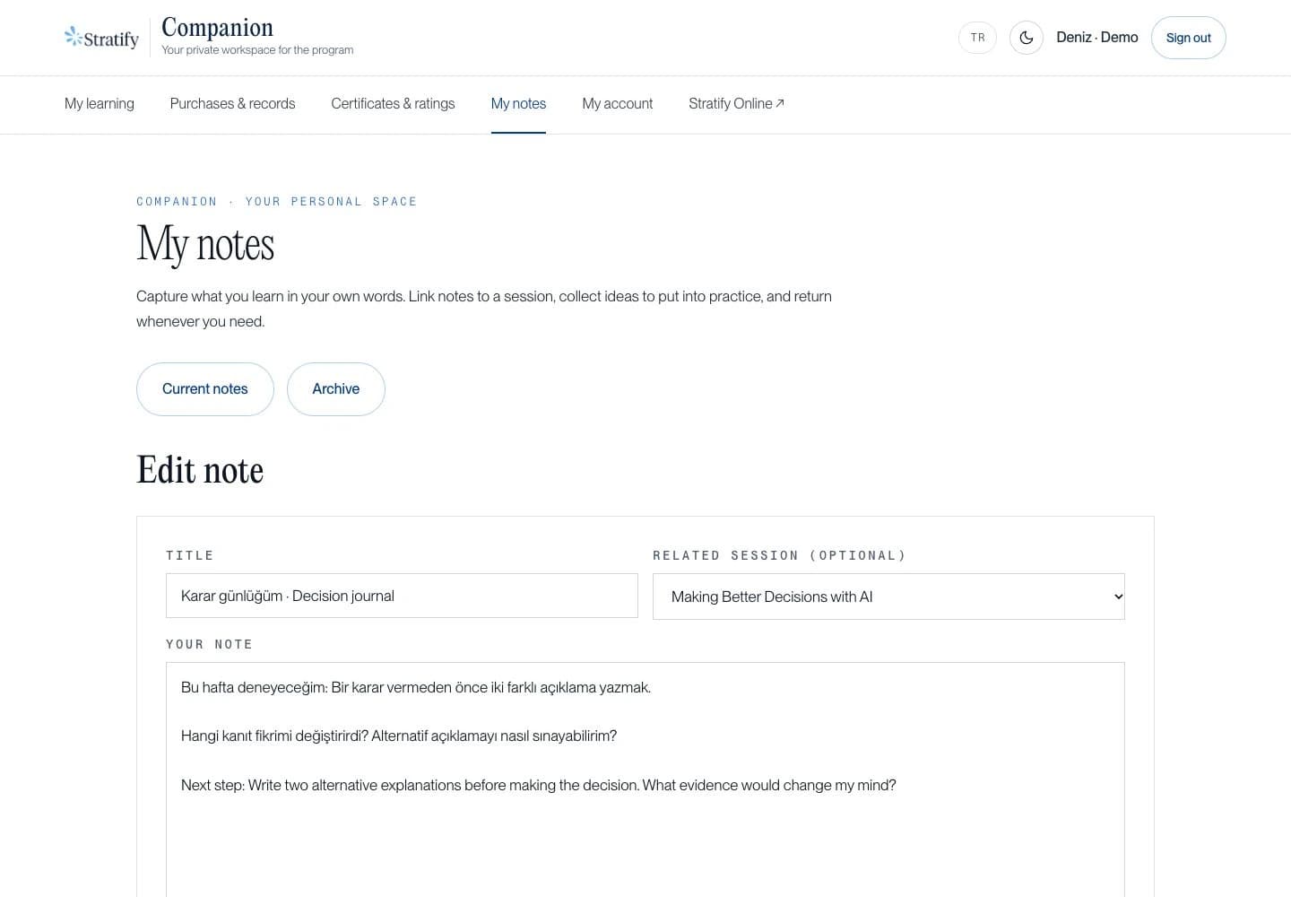 Personal notes linked to your workshop