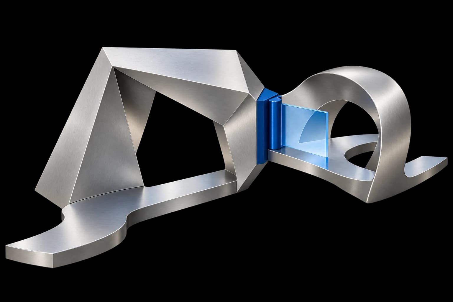 A blue joint and transparent review plane connect two folded silver structures.