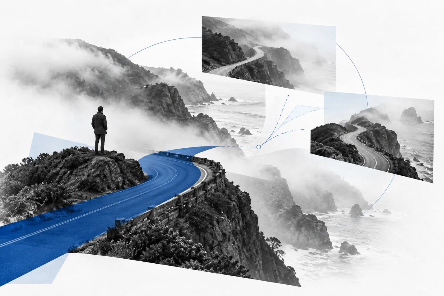 A blue strip highlighting a short route segment among alternative roads in a foggy coastal landscape.