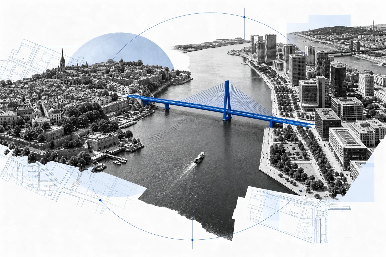 An architectural collage connecting two different urban districts with a blue bridge.