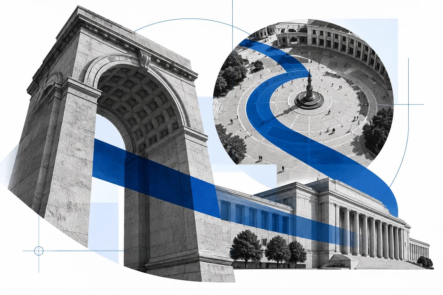 A collage connecting a stone arch, an urban square and an architectural facade along a shared blue path.