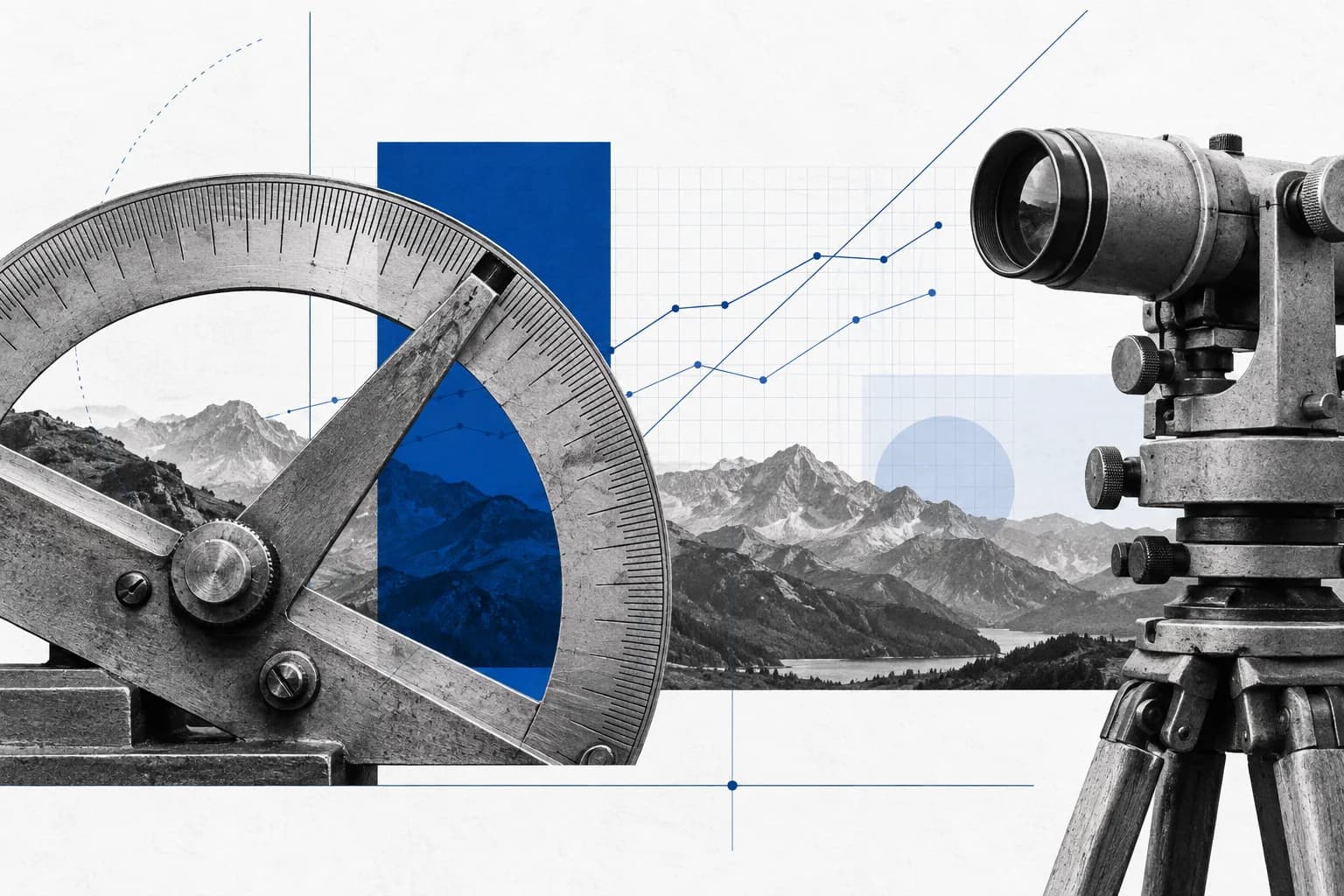 A data collage combining measurement instruments, plotted lines and a selected blue area.