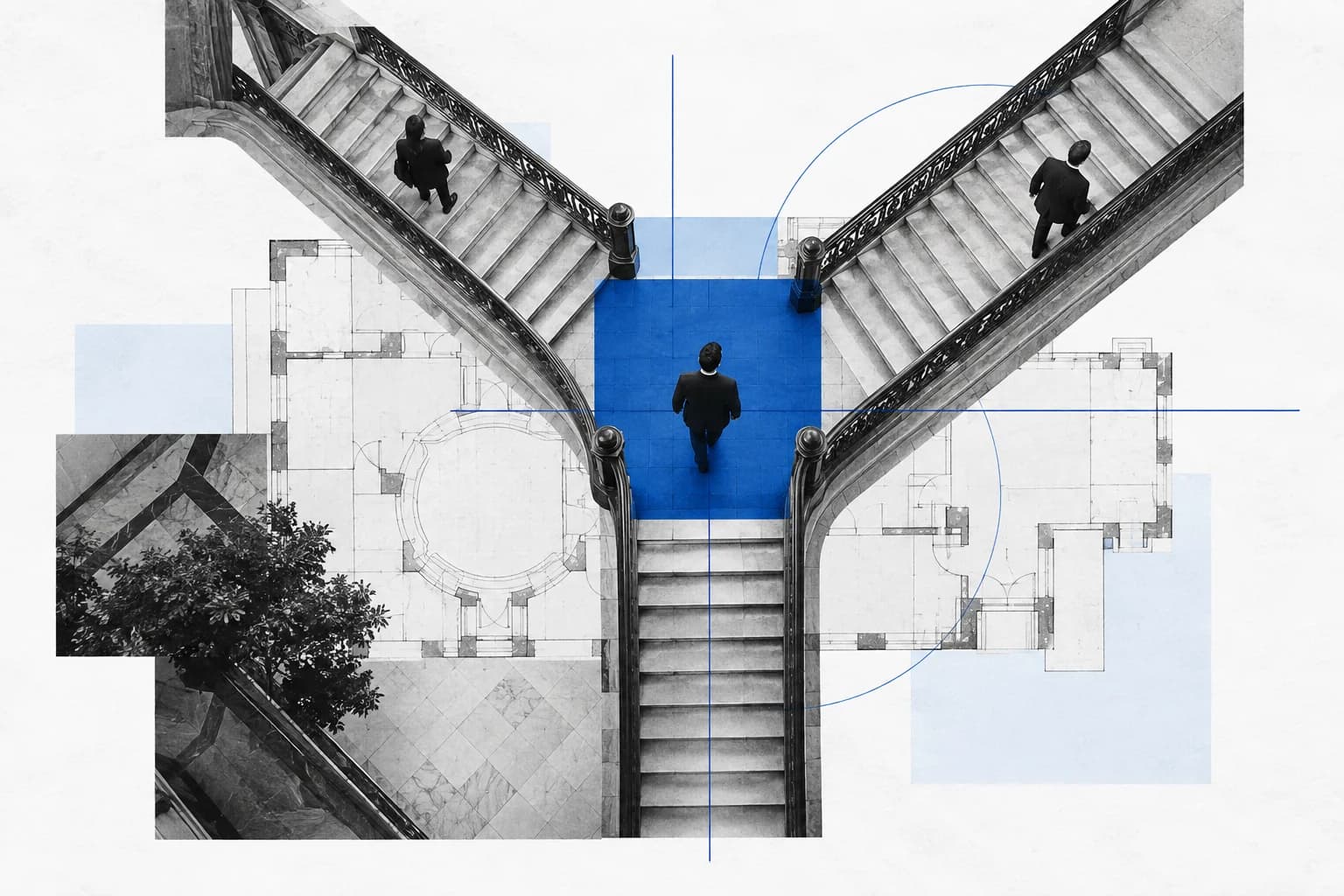 A blue frame highlighting a selected landing across a branching staircase and architectural plan.