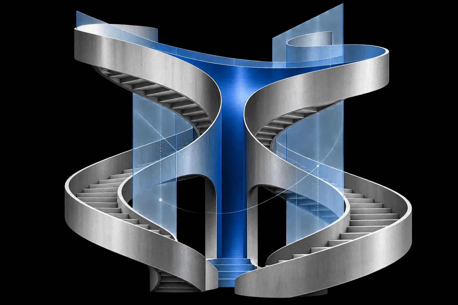 Two sculptural stairways converge into a cobalt passage: human judgment and AI