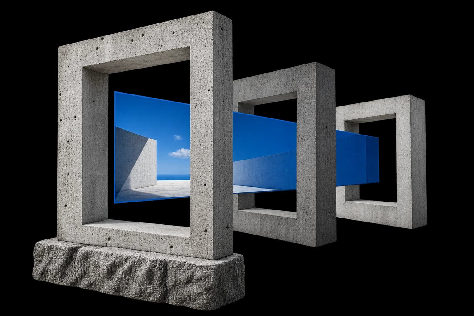 A blue viewing plane extends through three concrete frames at different depths.