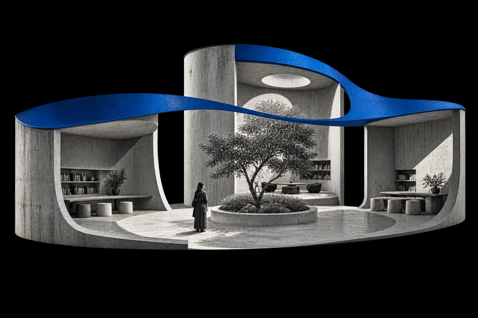 A blue canopy connects three concrete learning spaces around a shared courtyard.