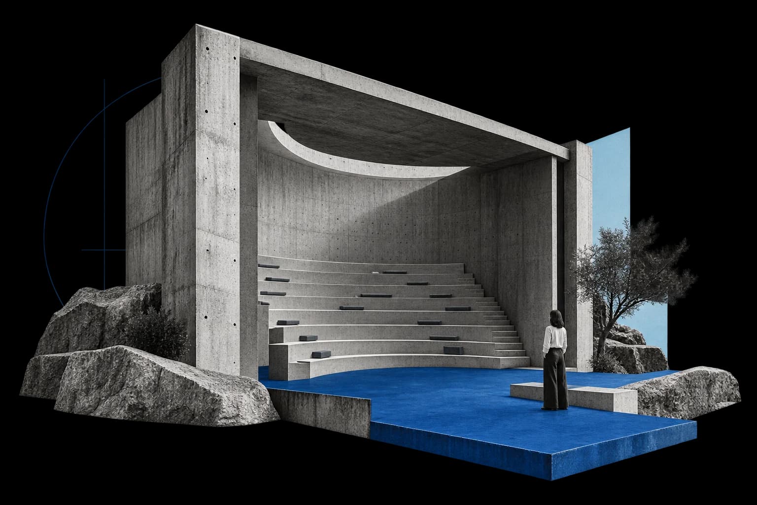A blue floor connects semicircular seating inside a concrete learning pavilion to an open discussion platform.