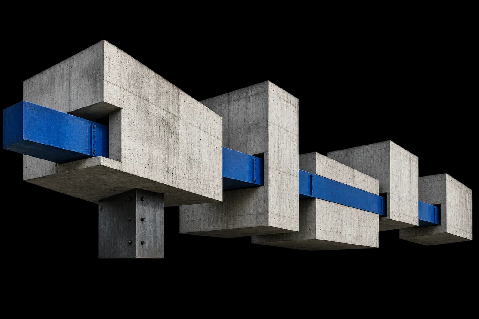 A blue structural spine aligns concrete volumes at different heights along one axis.