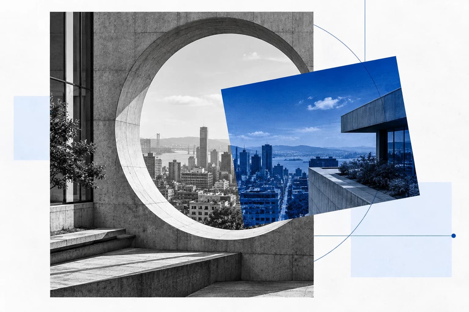 A tilted blue cutout revealing a different city perspective inside a circular architectural opening.
