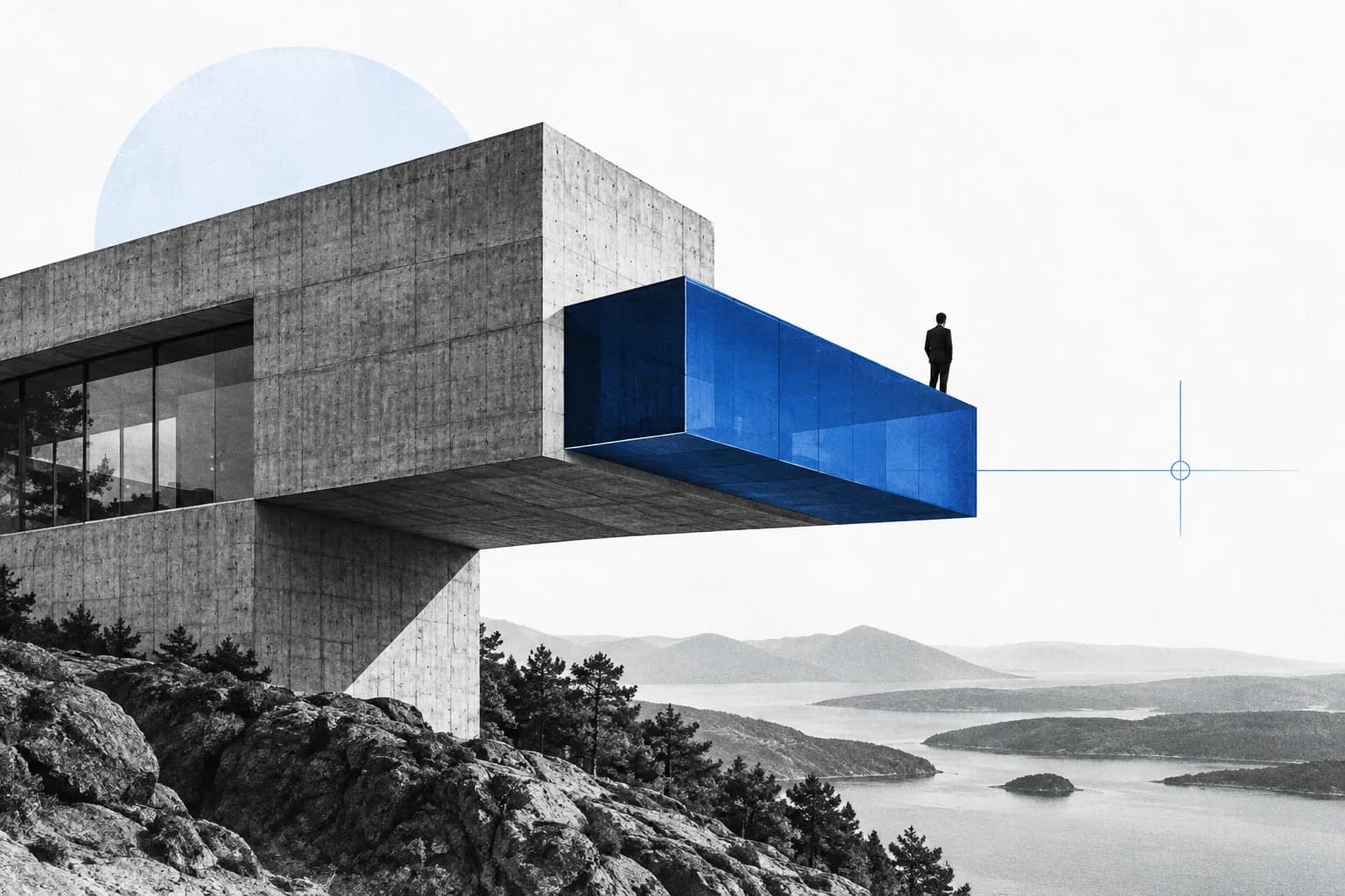 A blue architectural volume extending from a black-and-white cantilever building.
