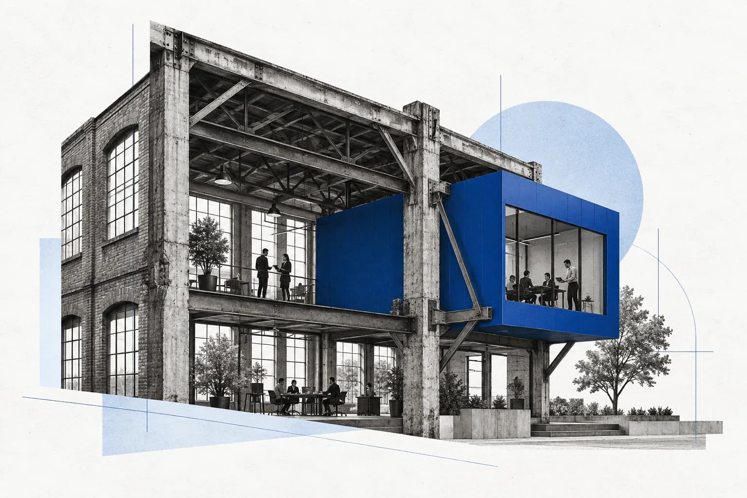 A blue pavilion growing from within an existing industrial support structure.