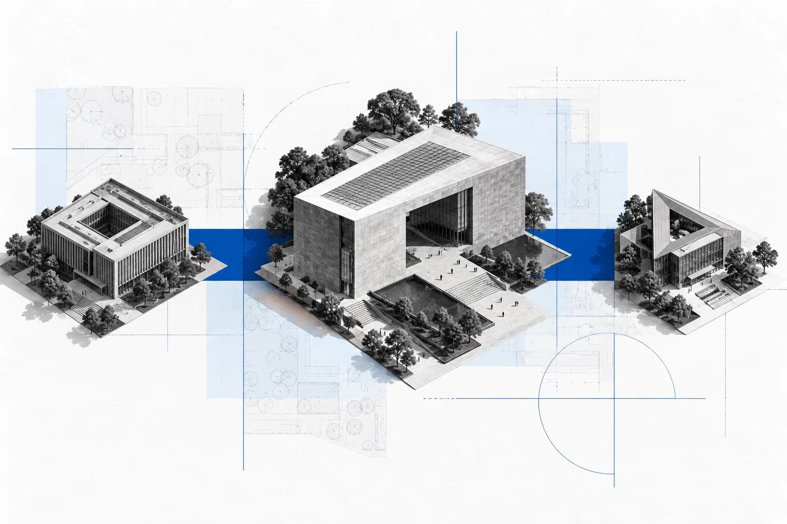 A portfolio collage aligning three distinct architectural blocks along a shared blue line.