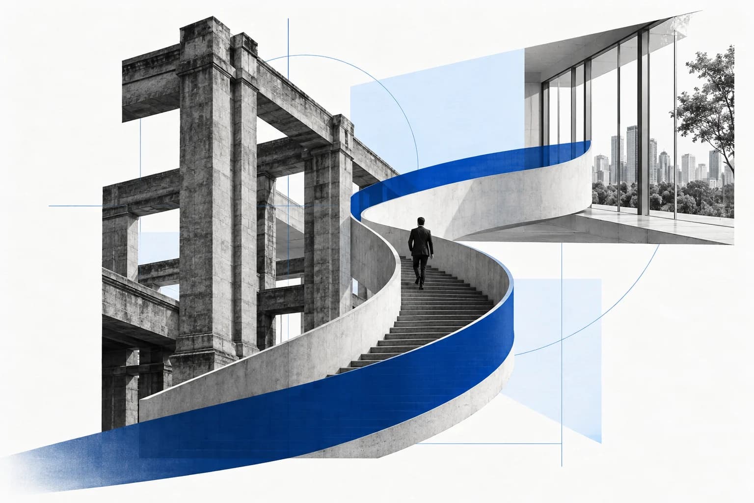 A staircase and blue-band collage connecting an older structural frame to an open facade.