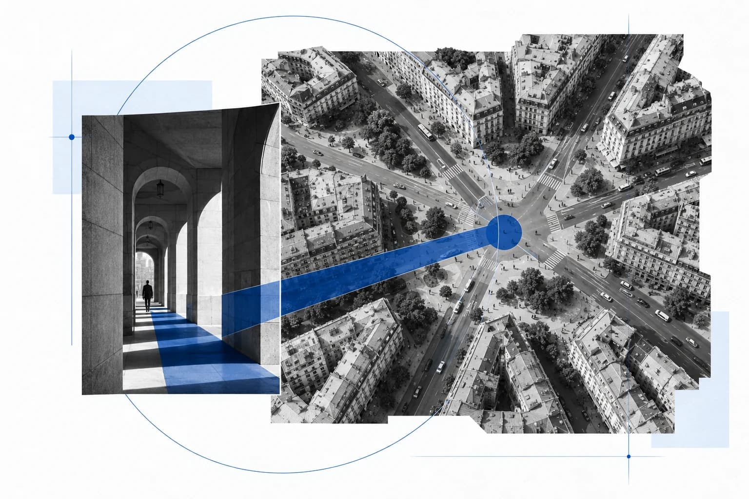 A blue connection relating a close-up architectural passage to a wider city plan.