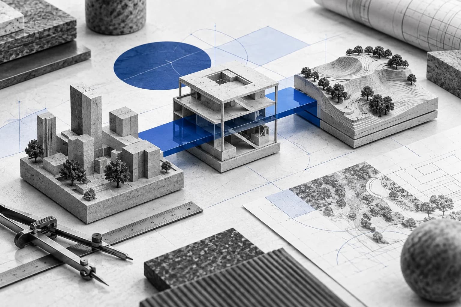 A collage of technical tools and model components joined into a workflow by a blue insert.