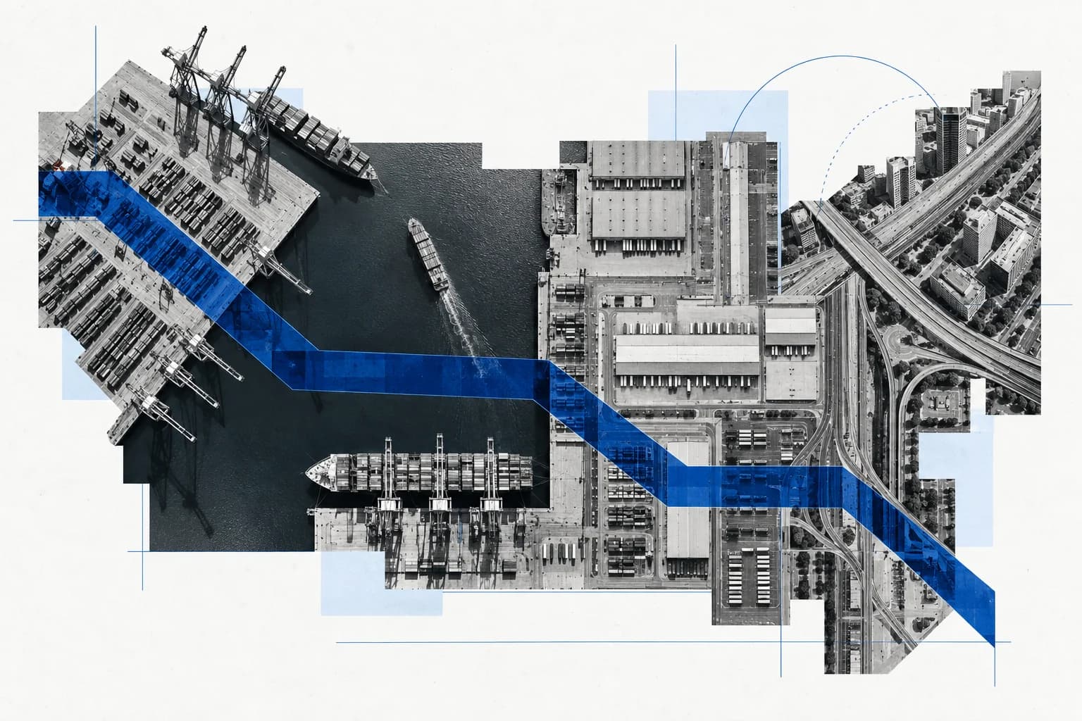 A competitive-network collage with a blue corridor creating a new connection across a port and warehouses.