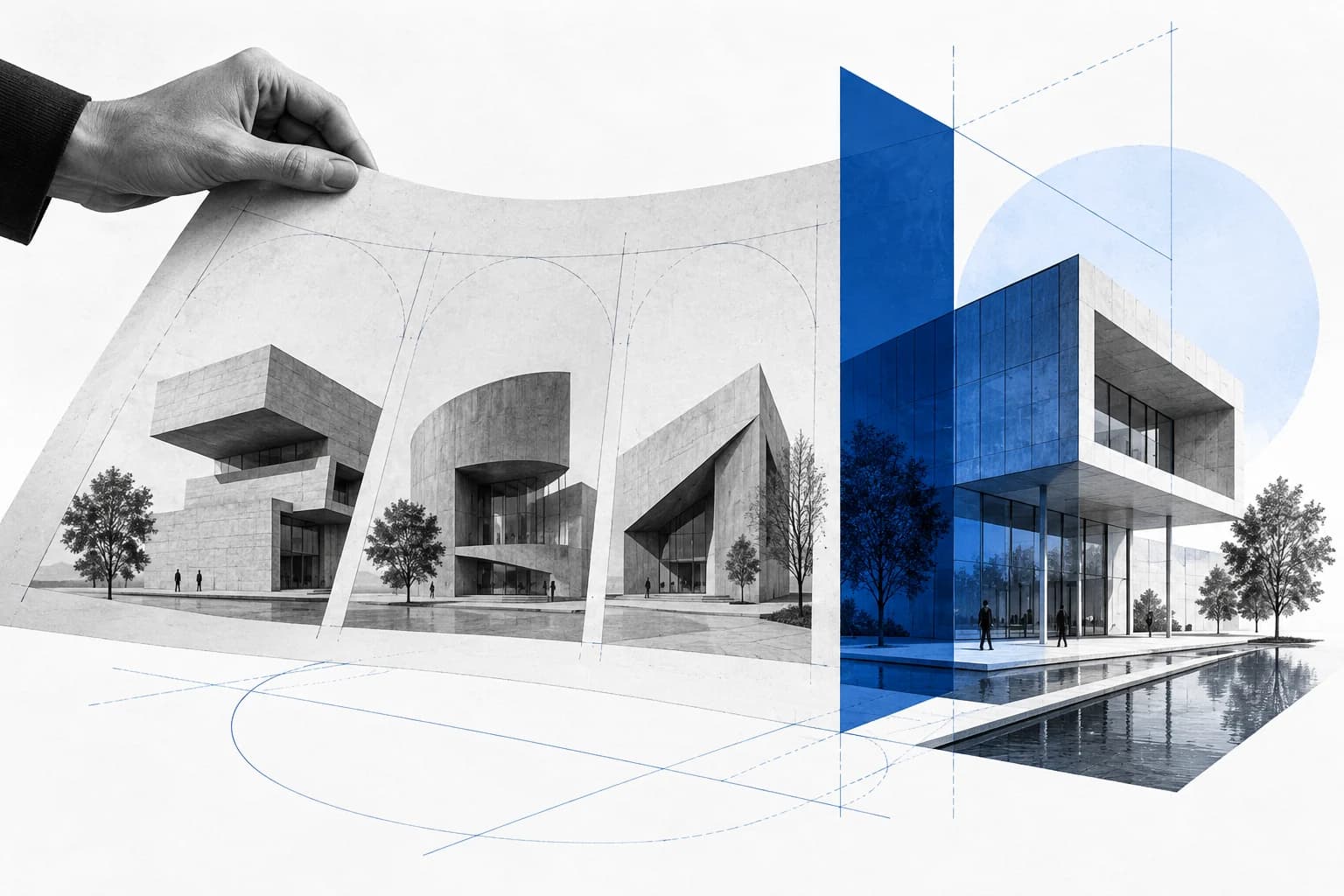 An editorial collage selecting and developing one architectural prototype with a blue plane.